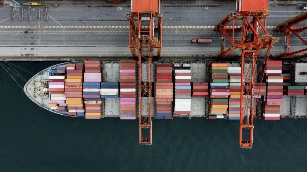 A container ship being loaded at a terminal